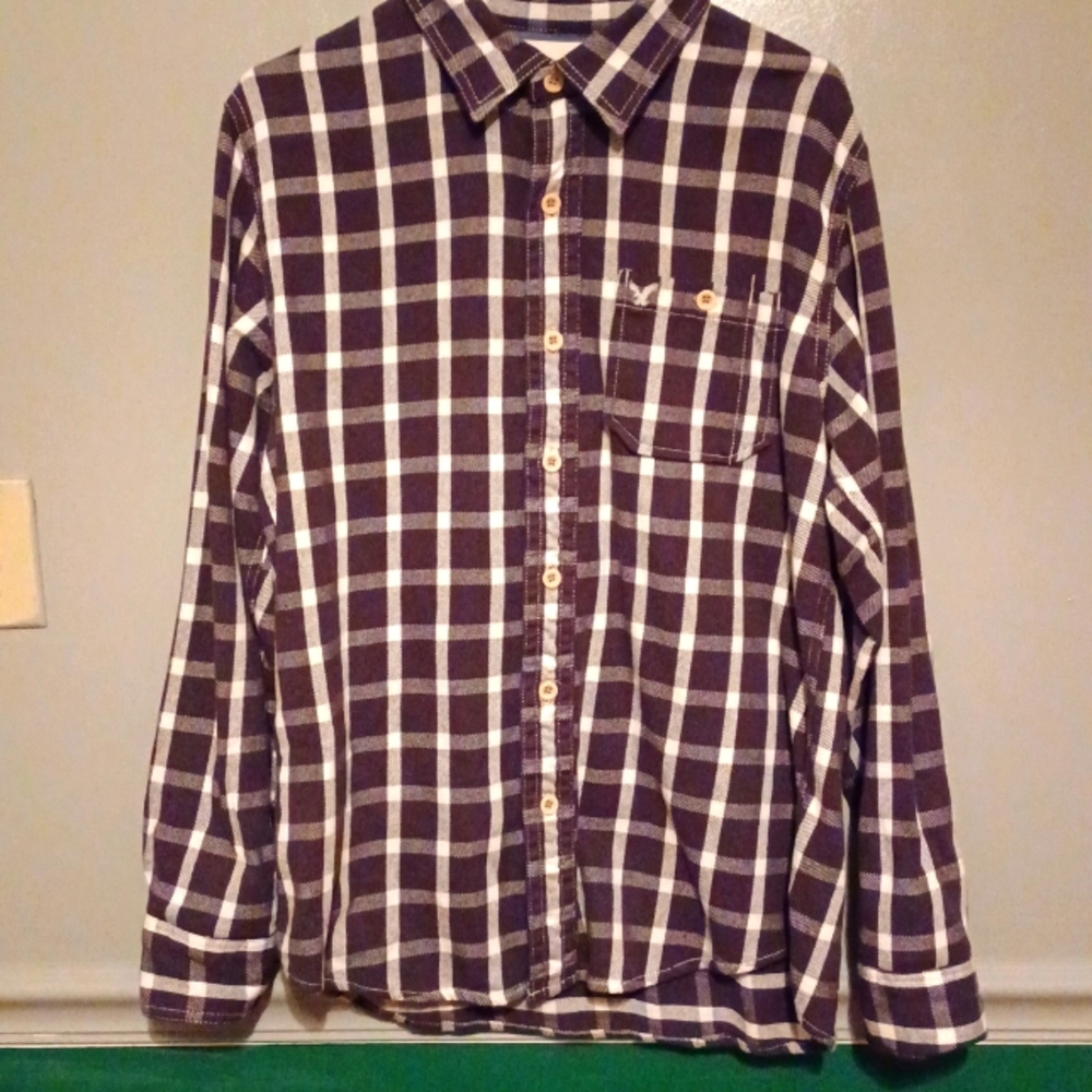 Men's American Eagle Brown/White Flannel Button Up Shirt